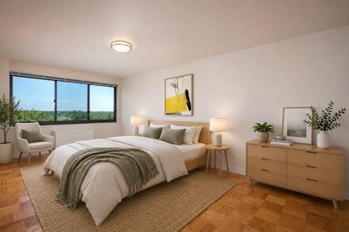 A bedroom with a large bed, a chair, a nightstand, and a window overlooking the ocean.