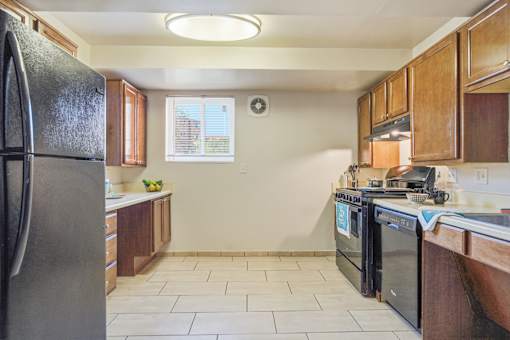 A kitchen with a black refrigerator and black oven.