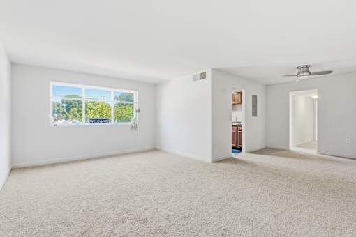 A room with a carpet floor, a ceiling fan, and a window showing a view of trees and a building.