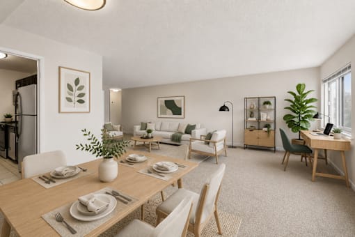 A dining room with a table set for a meal.