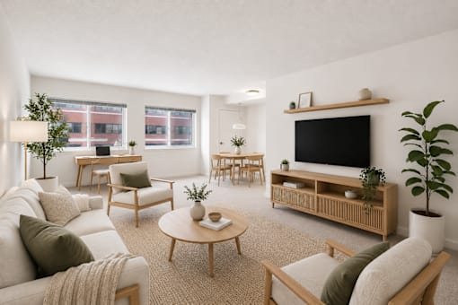 A living room with a white couch, a wooden coffee table, and a flat-screen TV.