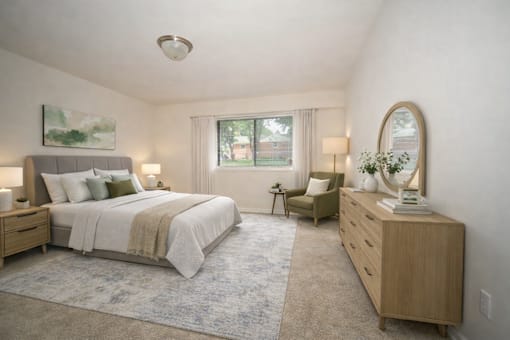 A bedroom with a large bed, a chair, and a dresser.
