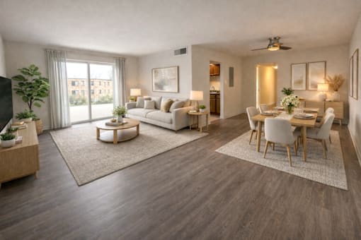 A well-lit, spacious living room with a dining area and a flat-screen TV.