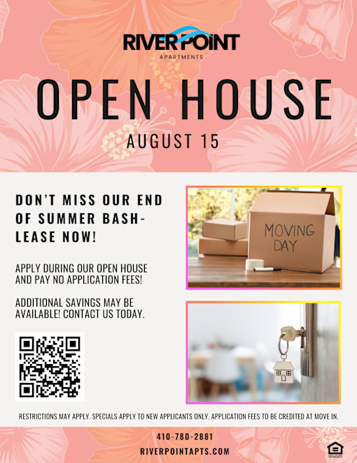 A flyer for Riverpoint Apartments advertising an open house on August 15.
