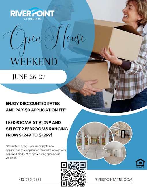 A flyer for an open house event at River Point Apartments.