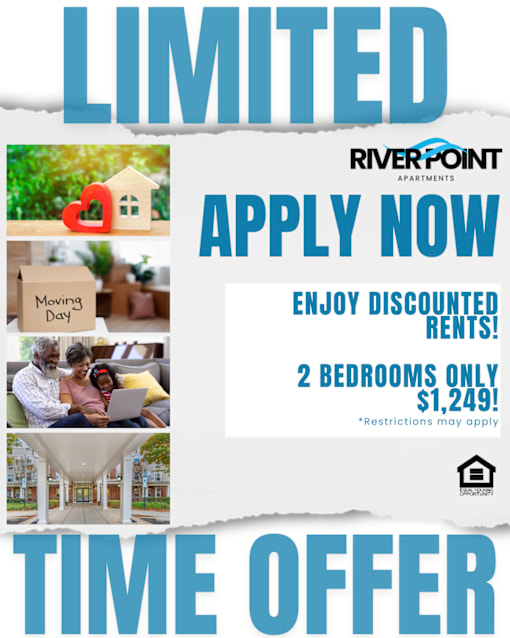A flyer for River Point Apartments advertising a time offer for discounted rent on a 2 bedroom apartment.