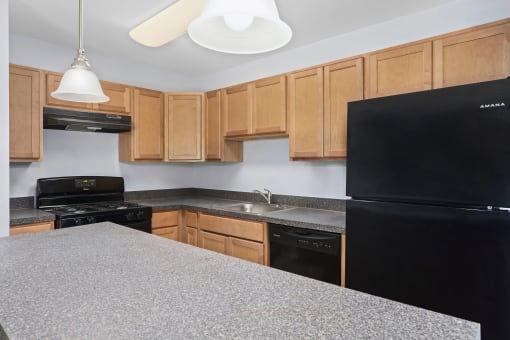 a kitchen with granite countertops and black appliances