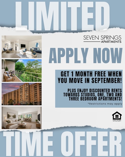 A poster advertising a limited time offer for apartments at Seven Springs Apartments.