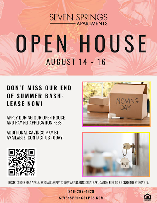 A poster advertises an open house at Seven Springs Apartments for August 14-16.