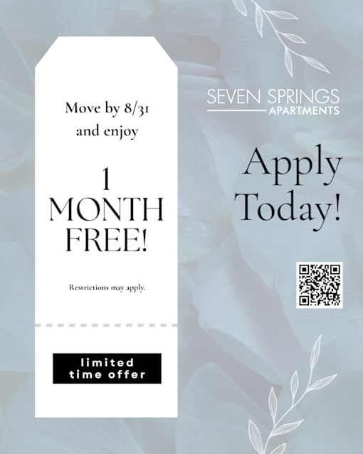 A promotional image for Seven Springs Apartments offering a free month trial.