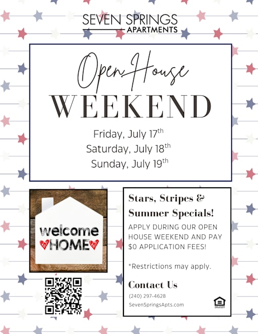 A poster advertises an Open House Weekend for Seven Springs Apartments, with special summer specials and a QR code for more information.