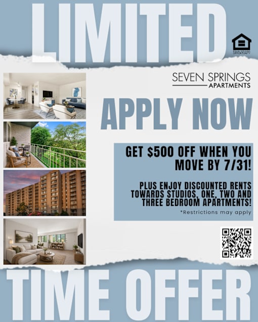 A flyer for Seven Springs Apartments advertising a time offer with a $500 discount.