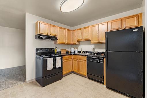 A kitchen with black appliances and wooden cabinets.