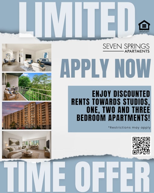 A flyer for Seven Springs Apartments advertising limited time offer on discounted rentals.