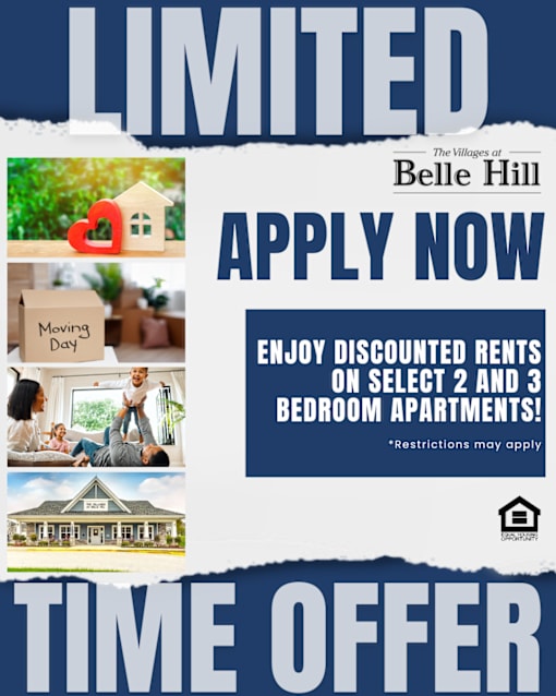A poster advertising limited time offer for discounted rents on select 2 and 3 bedroom apartments at Belle Hill.