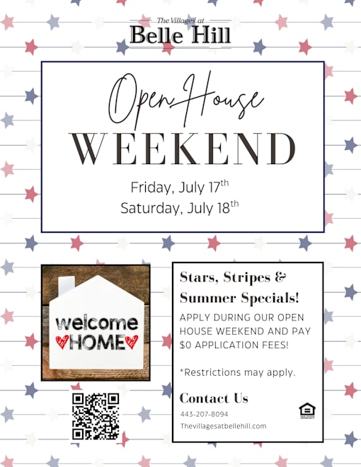 A poster advertises an Open House Weekend at The Villages at Belle Hill, featuring special summer specials.