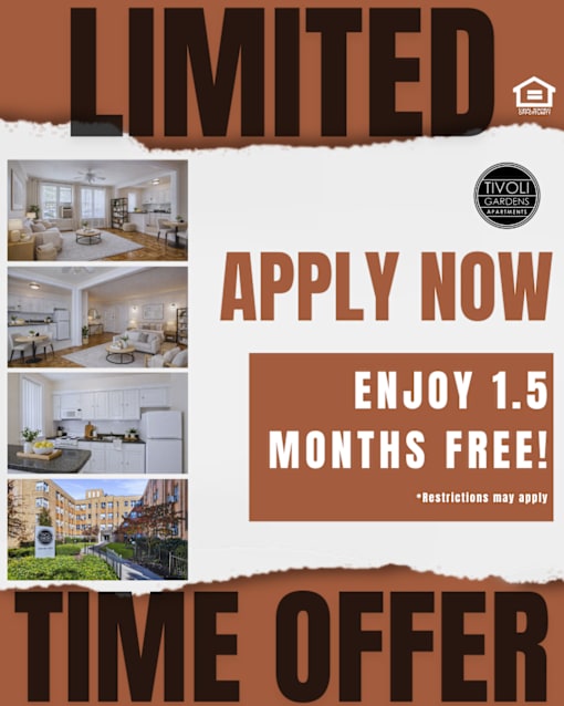 A flyer advertises a limited time offer to apply for a 1.5 months free stay.