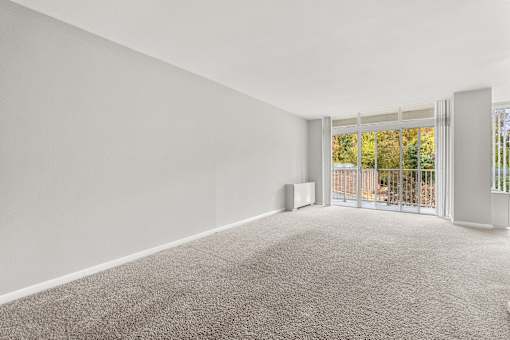 A room with a grey carpet and white walls.