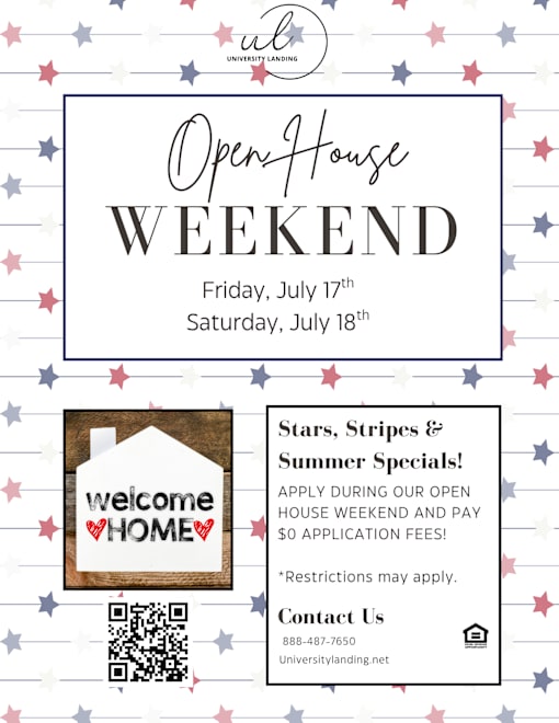 A flyer for an Open House Weekend event on July 17th and 18th at University Landing.