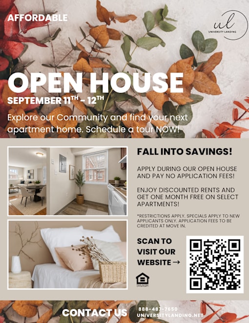 A flyer advertises an open house event for affordable apartments at the University Landing community, offering discounted rents and free move-in for those who apply during the open house.