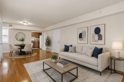 Furnished living and dining room with modern decor at University Landing Apartments, Maryland