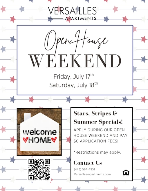 A flyer for an Open House Weekend at Versailles Apartments, featuring a QR code and contact information.