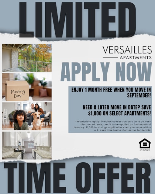 A flyer for Versailles Apartments advertising a limited time offer with various incentives.