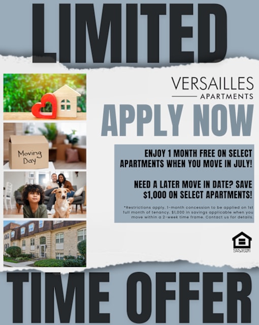 A promotional poster for Versailles Apartments offering a free month of rent for July and a $1,000 discount for later moves.