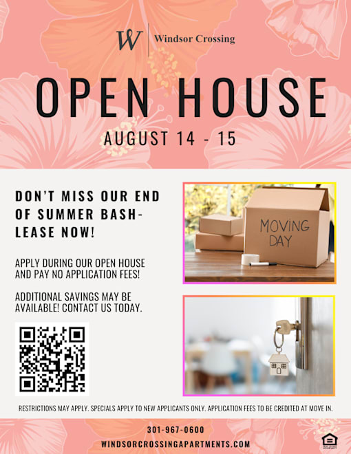 A flyer for Windsor Crossing Open House event on August 14-15.
