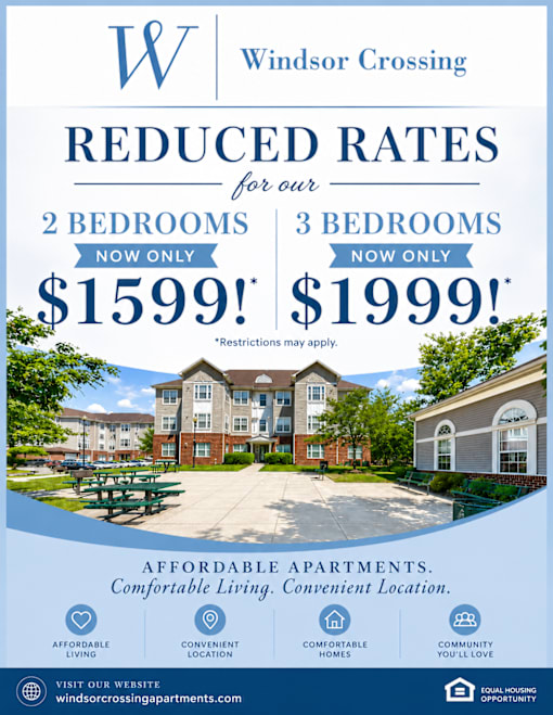 A poster advertising reduced rates for apartments at Windsor Crossing, with prices for 2 and 3 bedrooms.