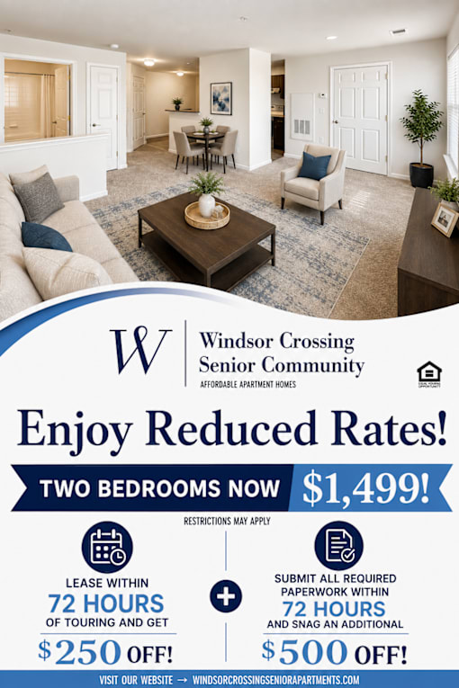 A poster advertising a senior community with a price of $1,499 for two bedrooms.