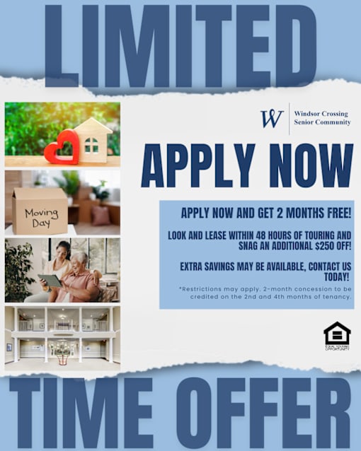 A promotional image for Windsor Crossing Senior Community offering a limited time offer to apply for a 2 months free lease.