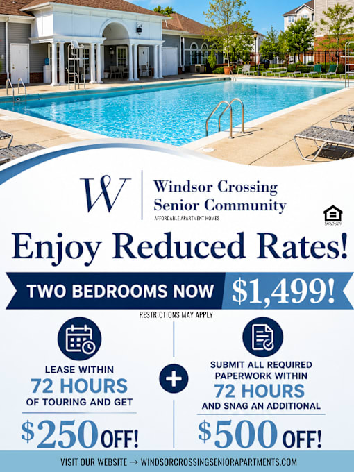 A promotional image for Windsor Crossing Senior Community advertising reduced rates for two bedrooms.