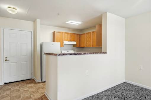 A kitchen area with a white door, brown cabinets, and a marble countertop.