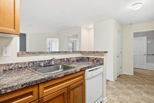 A kitchen with a granite countertop and a dishwasher.