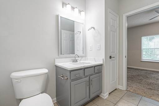 A bathroom with a white toilet, a sink with a mirror above it, and a cabinet.