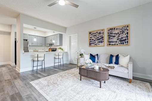 A living room with a couch, chairs, and a rug.