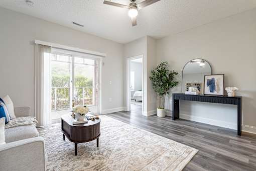A living room with a sofa, a coffee table, a mirror, and a plant.
