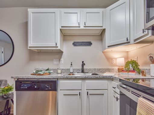 a kitchen with white cabinets and a sink and dishwasher