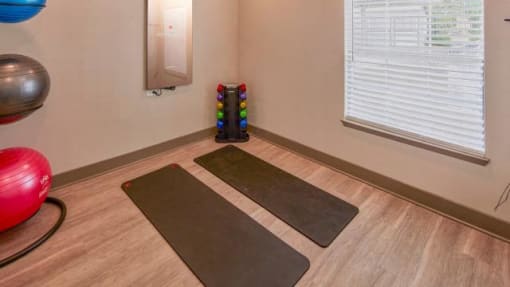 two yoga mats on the floor in a room with a yoga ball and a window