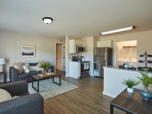 a living room and kitchen with a couch and a table