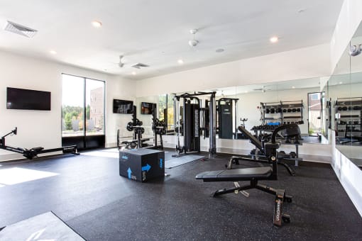 the home gym has plenty of exercise equipment and a television