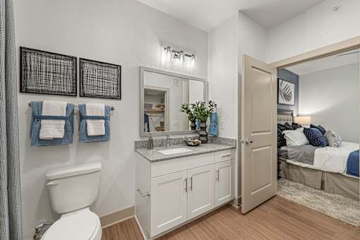 A bathroom with a toilet, sink, and mirror.