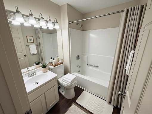 A bathroom with a white toilet, sink, and shower.