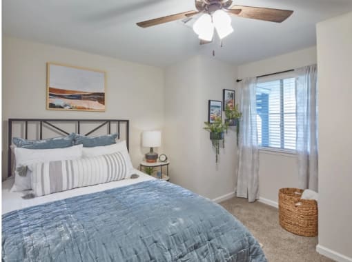 a bedroom with two beds and a ceiling fan and a window