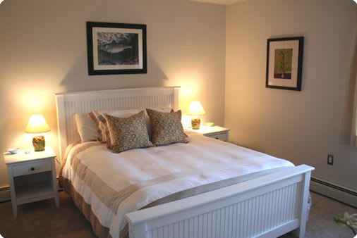 Bedroom with cozy bed at Summit Terrace Apartment, South Portland, ME