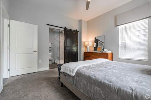 A bedroom with a bed, dresser, and mirror.