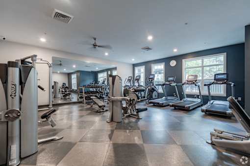 A gym with a variety of equipment including treadmills, stationary bikes, and weight machines.