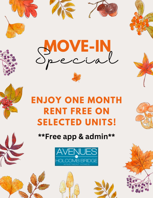 a graphic of leaves with text that says move in special and enjoy one month rent