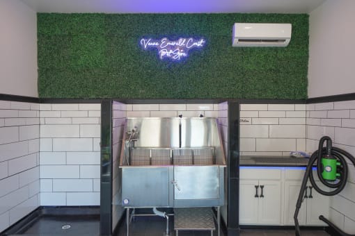 a green astroturf wall in a kitchen